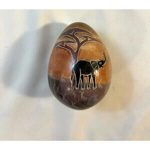 Hand Carved Stone Egg Figurine Elephant Tree Design Decorative Collectible